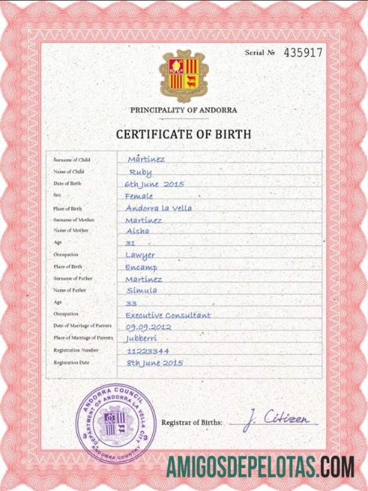 Em branco modelo PSD de certidão de nascimento de registro vital de Andorra